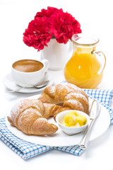 croissants with butter, coffee and orange juice for breakfast