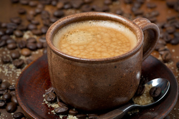 cup of black coffee with foam, selective focus