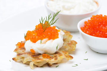 potato pancakes with red caviar and sour cream, close-up