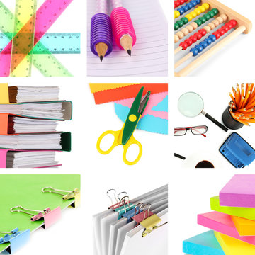 Collage of school and office supplies isolated on white