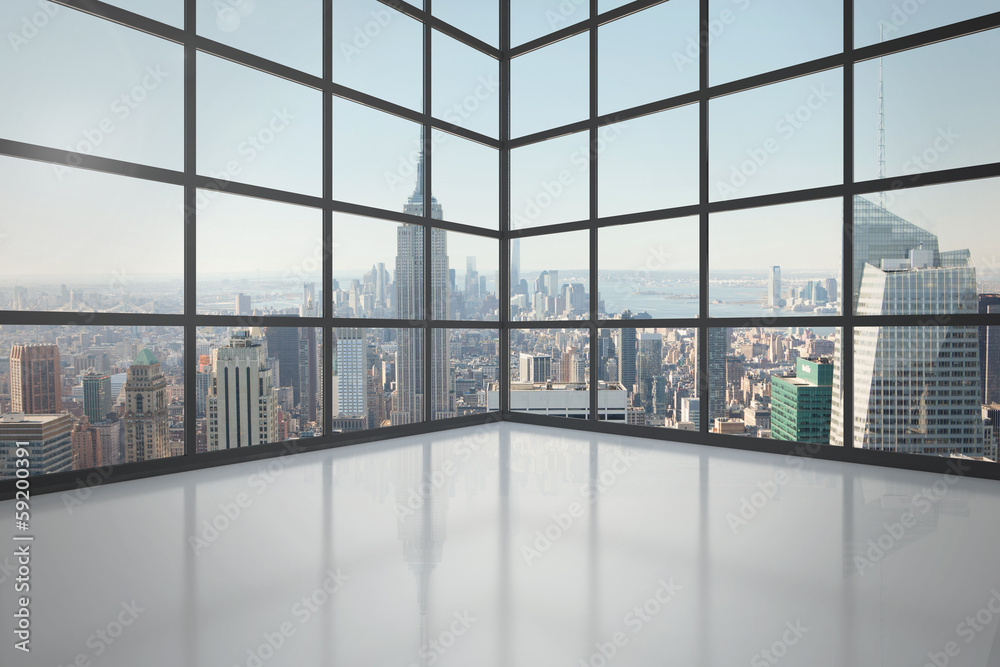 Poster room with large window showing city