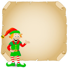 Weihnachtself mit Pergament im Hintergrund