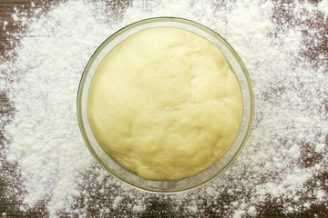 Risen dough, proved or proofed from above