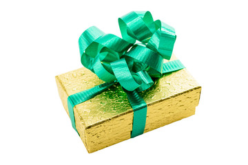 Golden gift box with green bow