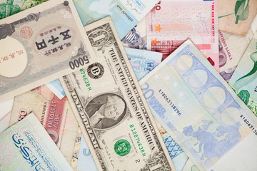 Different banknotes. World Paper Money background