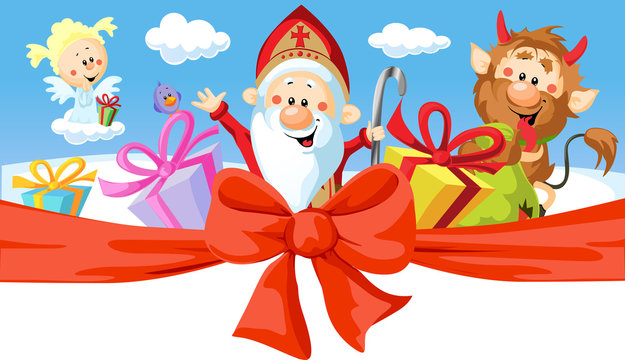 Saint Nicholas, devil and angel - vector illustration