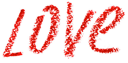 Word LOVE is written with lipstick. Isolated on white