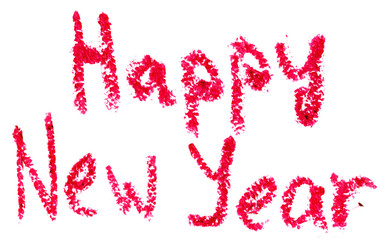 HAPPY NEW YEAR is written with lipstick. Isolated on white