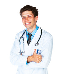 Fototapeta premium Portrait of a smiling male doctor with finger up on white