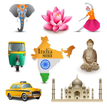 India travel set icons, vector