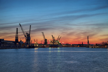 Port wharf at sunset background. Gdansk, Poland.