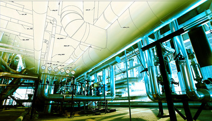 Sketch of piping design mixed with industrial equipment photos