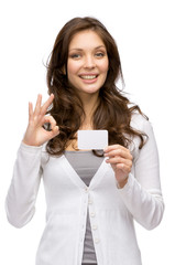 Half-length portrait of woman keeping business card - 59210911