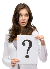 Half-length portrait of amazed woman handing question mark