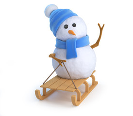 Cute snowman plays on his sled