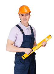 Foreman in orange hard cap keeps engineer's level