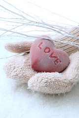 Female hands in mittens with red heart, close-up