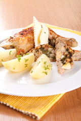 Chicken with ham salami and sliced ​​noodles with potatoes