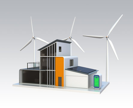 Energy saving house with solar panels, wind power system