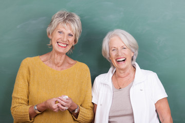 zwei seniorinnen stehen vor der schultafel