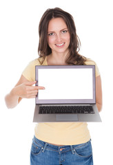 Smiling Woman Holding Laptop
