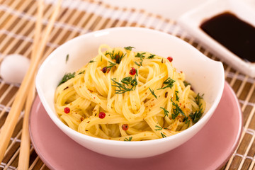 Bowl of noodles top view
