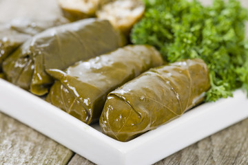 Sarma - Rice and mint wrapped in grape vine leaves.
