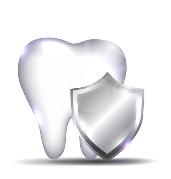 Healthy white tooth with shield, dental symbol