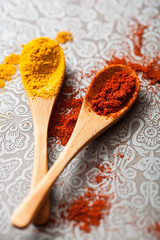 spices in spoons: curry and paprika powder