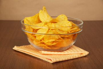 Glass bowl with chips and napkin