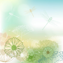 Flower background sketch with dragonfly