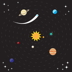 Flat solar system illustration with sun, planets and comets
