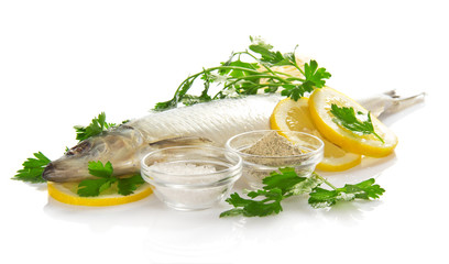 Herring, cups with salt and spices