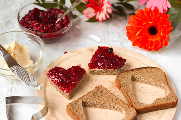 Sweet hearts with jam for breakfast on St Valentines day