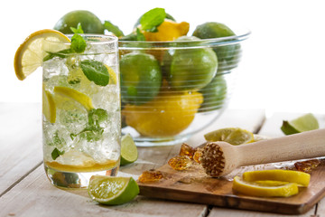 Closeup of cold drink with citrus