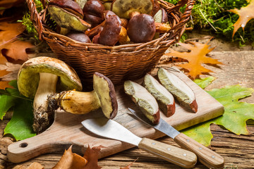 Forest mushrooms in a basket prepared for dinner