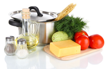 Ingredients for cooking pasta isolated on white