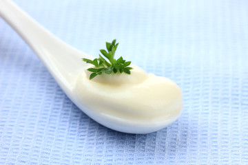 Sour cream in spoon close-up