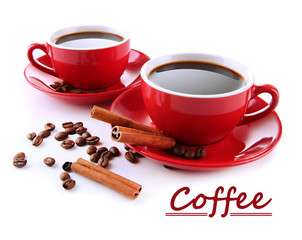 Red cups of strong coffee and coffee beans isolated on white