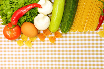 Cooking concept. Groceries on tablecloth background