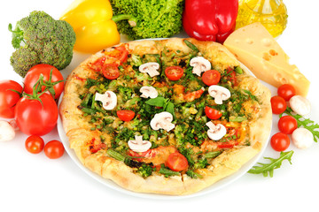 Tasty vegetarian pizza and vegetables, isolated on white