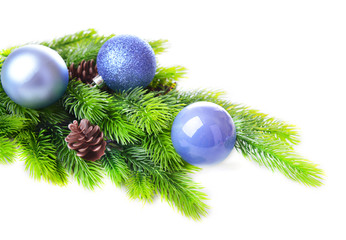 Christmas balls on fir tree, isolated on white