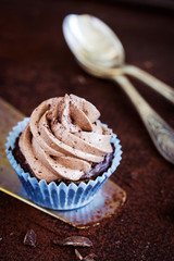 Delicious cupcake with chocolate cream