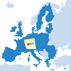 map of European Union with yellow stick note card with heart and
