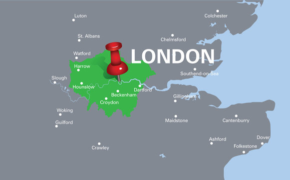 map of London with red push pin