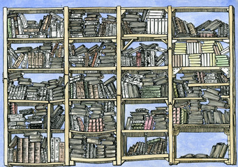 High detailed bookcase on blue background