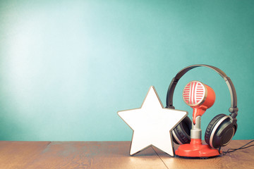 Retro red microphone, headphones and winner star blank