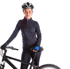 Asian Malay female with mountain bike over white background