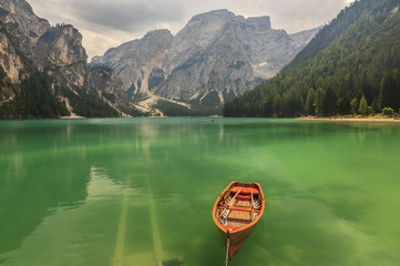 Braies Lake in Dolomiti mountains on a cloudy day,Trentino Alto