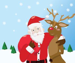Santa Claus and reindeer on winter background.